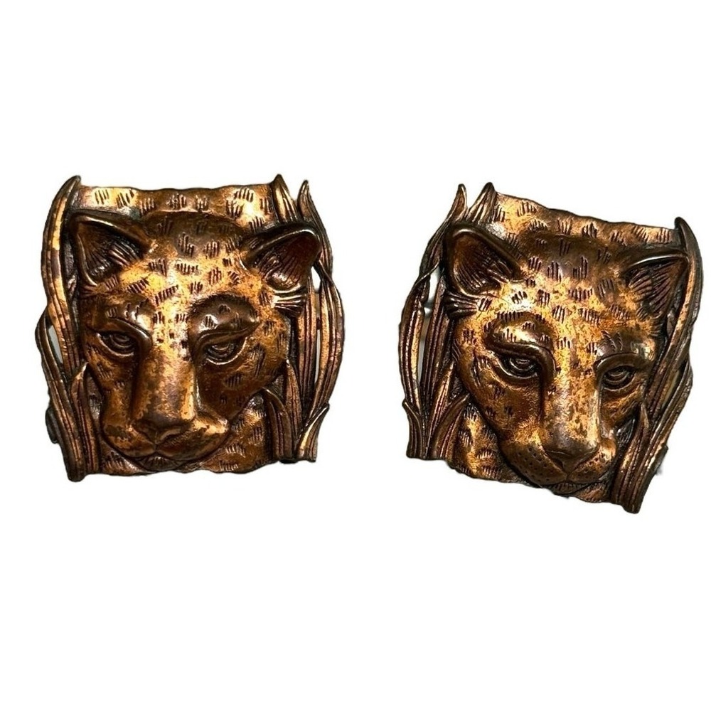 Vintage Big Cat Earrings Leopard Lion Copper Tone Statement JJ Jonette 1986 - Picture 3 of 9